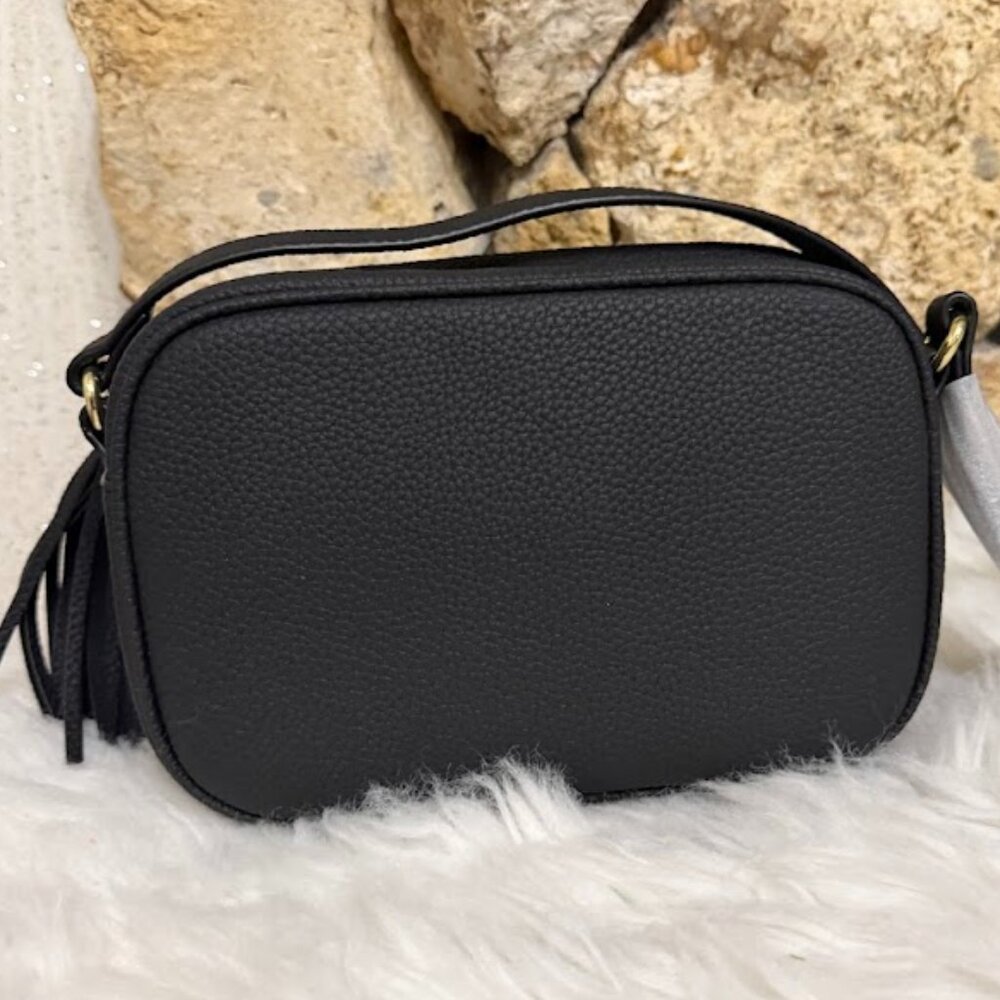 Textured Black Crossbody Camera Bag with Tassel Accent - Picture 3 of 9
